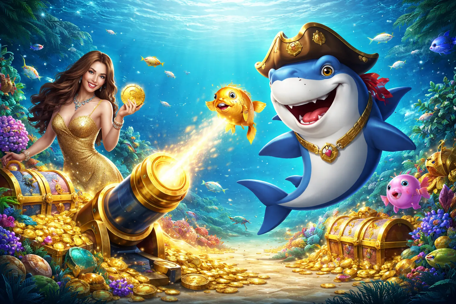 Hình ảnh game bắn cá sống động với nhiều loài cá và phần thưởng